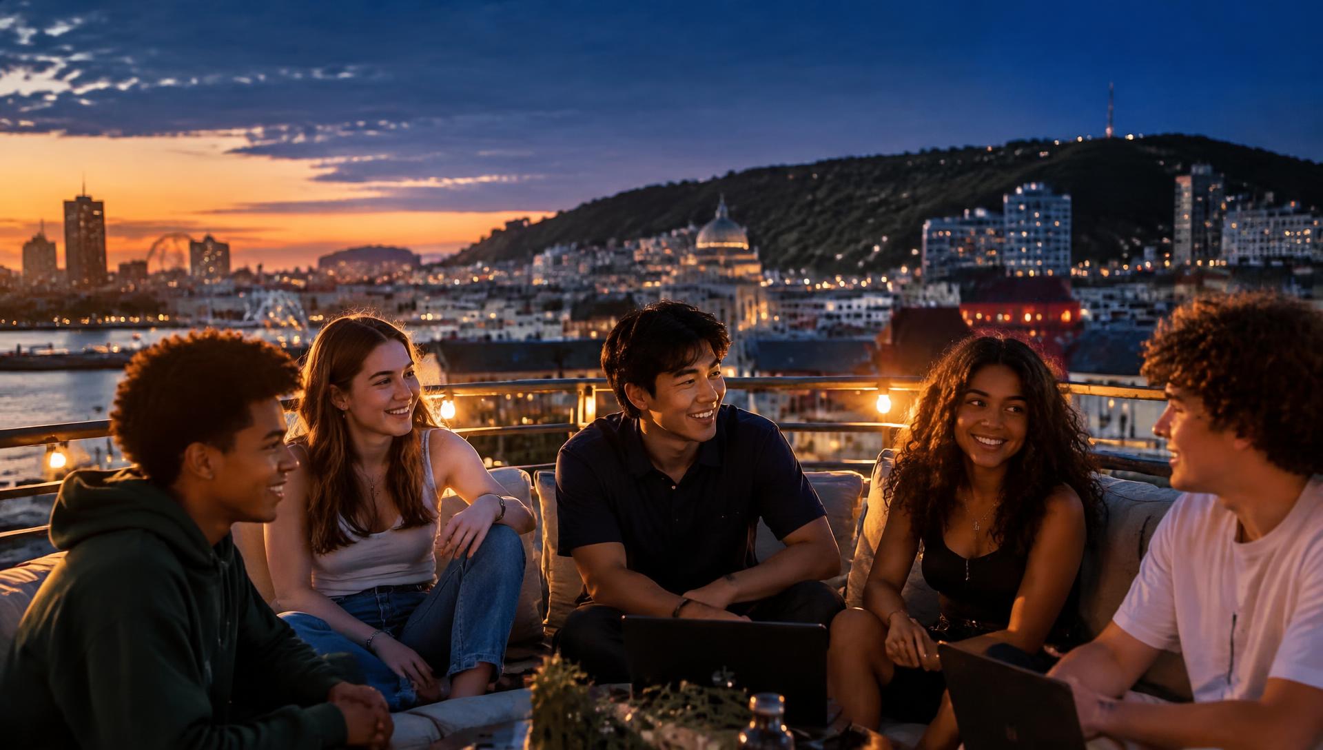 Concept image: teenagers talking on a terrace overlooking a city at dusk