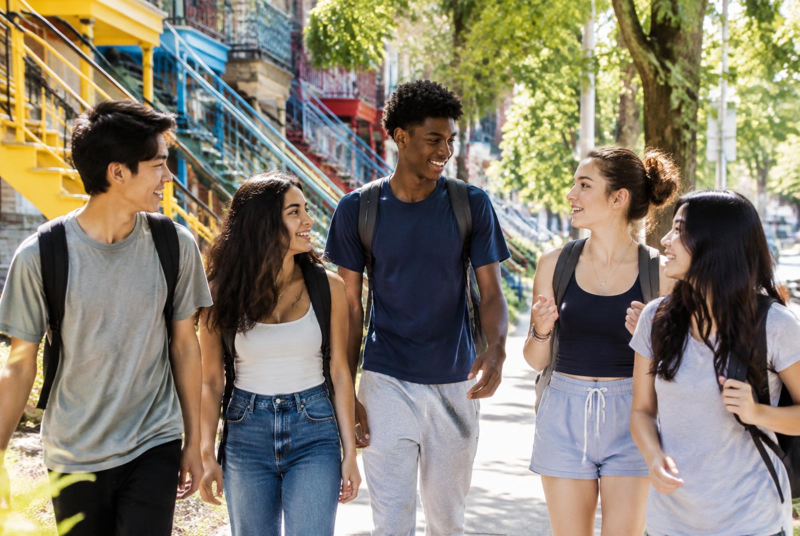 Illustrative image: a group of teenagers walking and chatting on a sunny street